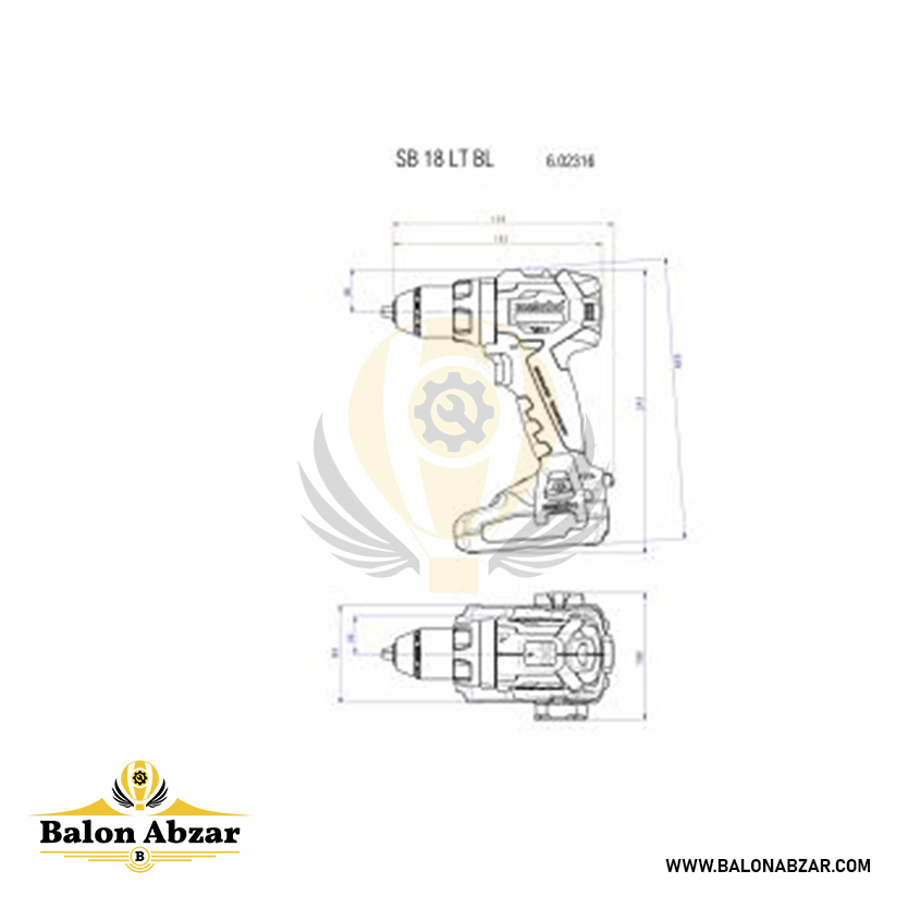  شماتیک(ابعاد دقیق دستگاه دریل شارژی چکشی 18 ولت متابو مدل SB 18 LT BL )دریل شارژی متابو 