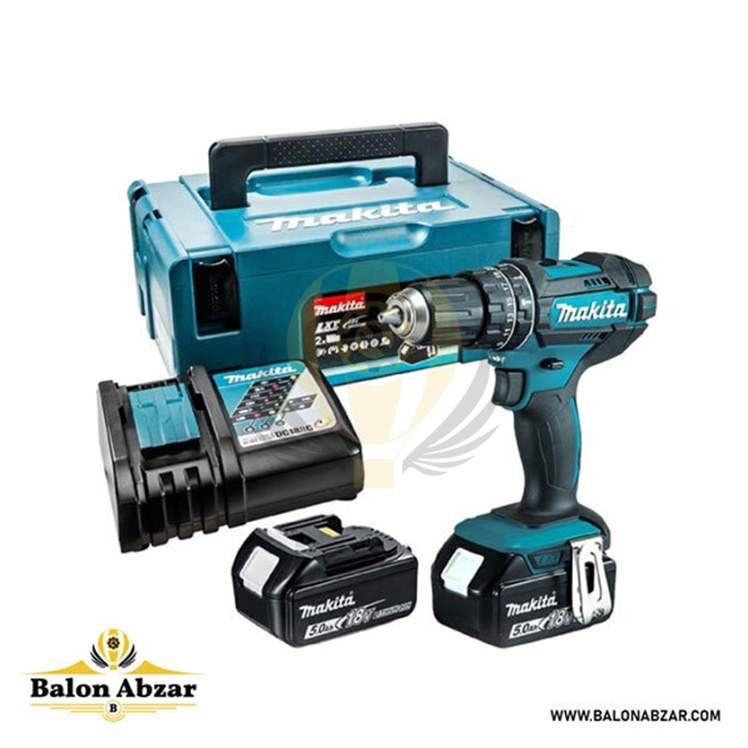 دریل شارژی 18 ولت ماکیتا به همراه دو باتری 5 آمپری و براشلس مدل DHP482RTJ