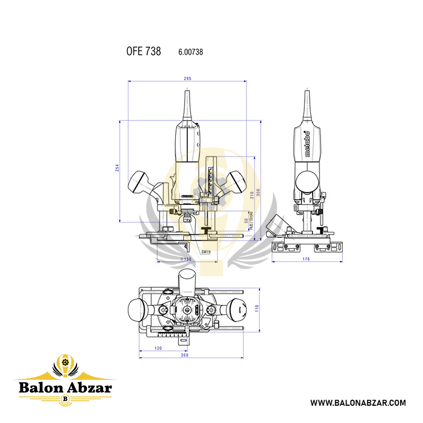  ابعاد دقیق اور فرز (فرز نجاری) 710 وات صنعتی متابو مدل OFE 738 