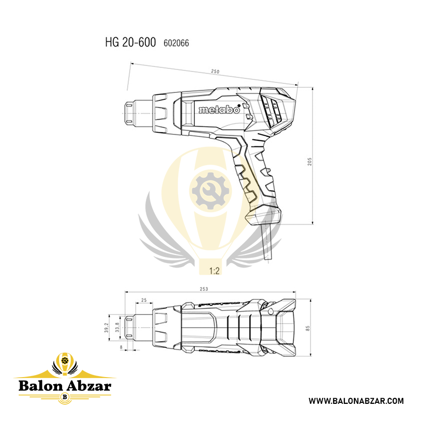  ابعاد دقیق سشوار صنعتی 2000 وات متابو مدل HG 20-600 