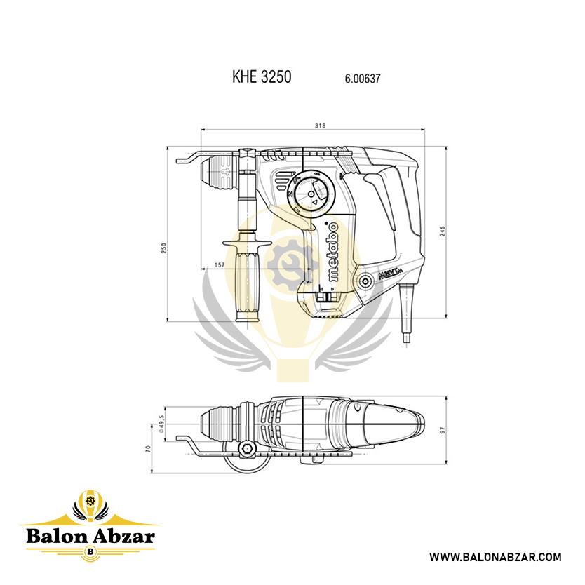  ابعاد دقیق دریل بتن کن متابو مدل KHE 3250 