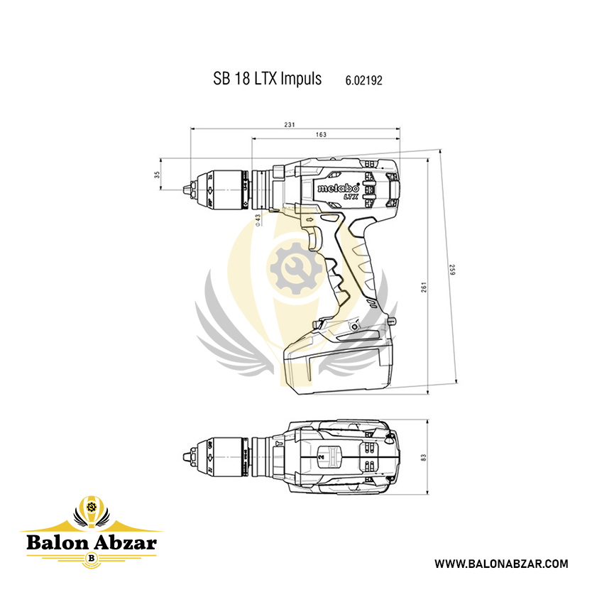  ابعاد دقیق دریل شارژی متابو مدل SB 18 LTX Impulse 