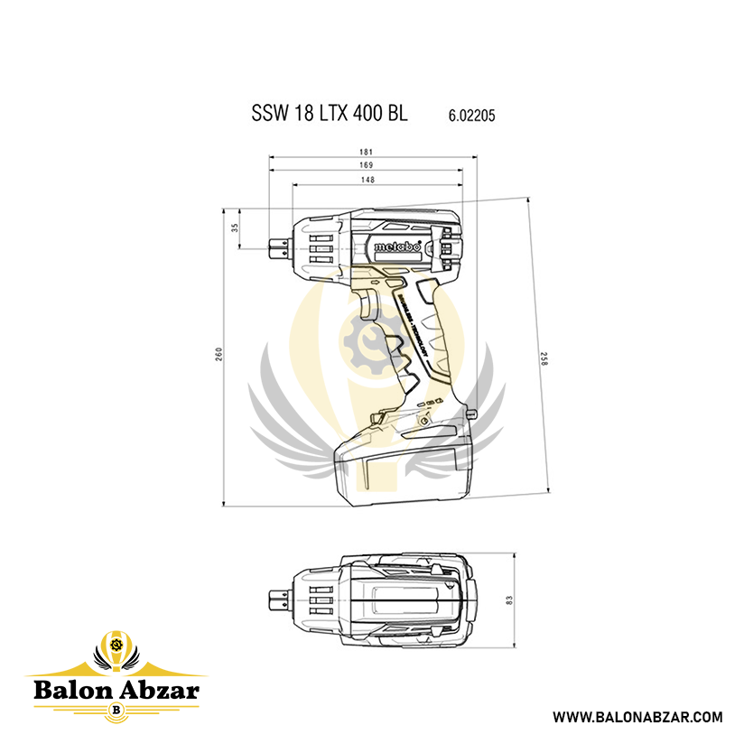  ابعاد دقیق بکس شارژی متابو مدل SSW 18 LTX 400 BL 