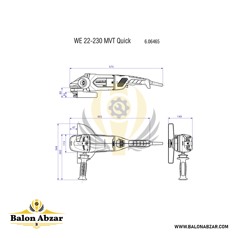  ابعاد دقیق فرز سنگبری متابو مدل W 22-230 MVT 